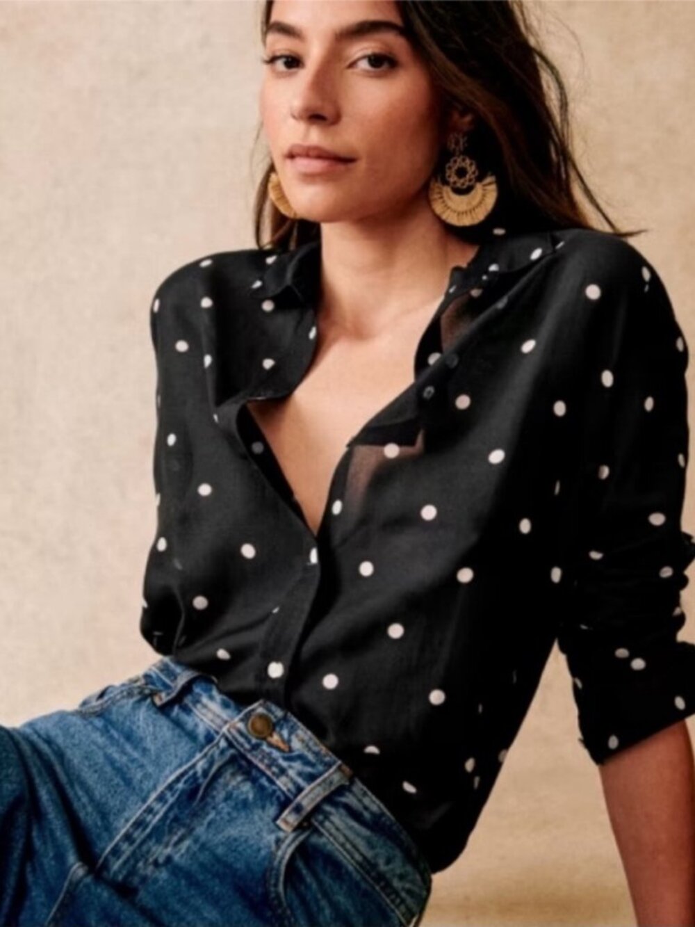 Sezane Pierro Polka Dot Button-down Blouse Black Ecru US 6 (FR 38) NWOT RARE - Picture 2 of 11